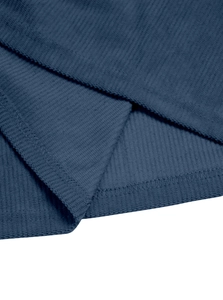 Macro shot of dark blue corduroy fabric texture and durable double-stitched hem finish