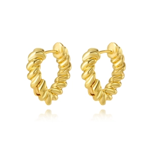 Elegant gold heart-shaped hoop earrings with twisted rope texture and reflective finish
