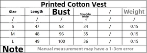 Detailed size chart for printed cotton vest including length, chest, and shoulder width