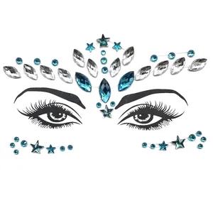 Close-up of blue star and rhombus acrylic face gems set for party makeup decoration