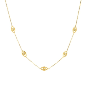 Gold-plated stainless steel necklace featuring evil eye pendants with sparkling diamonds