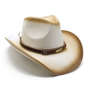 Détails du chapeau de cowboy en paille crème avec dégradés bruns, perles et plume dorée