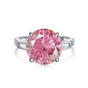Elegant S925 sterling silver ring with large round pink zircon and side accent diamonds