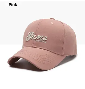 Detail of pink cotton baseball cap featuring 3D Game competitive letter embroidery