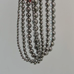 Detailed view of dark grey pearl necklaces with varying sizes and metallic luster