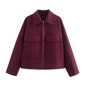 Veste vintage en laine rouge vin pour femme avec col à revers et grandes poches zippées