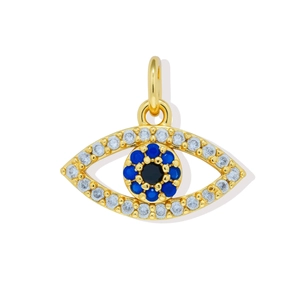 Detail of 18K gold plated eye pendant with micro-pave white and blue cubic zirconia stones