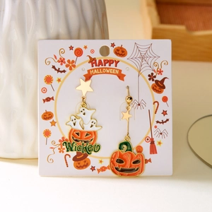 Asymmetric Halloween pumpkin and ghost drop earrings in orange and gold enamel