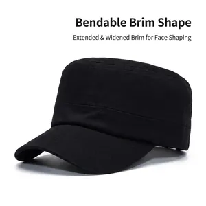 Classic black cotton cadet cap with foldable brim and adjustable flat top for men
