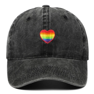 Washed charcoal cotton baseball cap featuring a rainbow heart embroidery on front