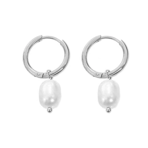 Vintage 18K plated stainless steel hoop earrings featuring natural white baroque pearls