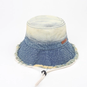 Vintage gradient denim bucket hat with frayed edges and windproof chin strap