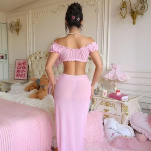 Sweet pink mesh lingerie set with off-shoulder ruffle top and sheer long skirt
