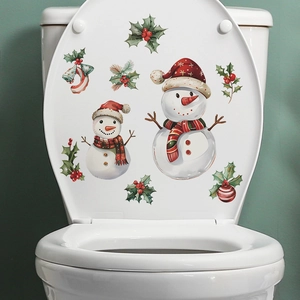 Christmas Snowman Toilet Sticker Removable PVC Decal For Bathroom Holiday Home Decoration Holly Leaves Bells Pattern