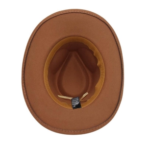 Detail view of ethnic wool fedora interior showing 65% cotton and 35% polyester label