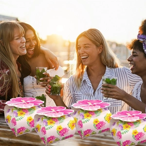 Hawaiian party gift boxes with floral patterns shown in a summer outdoor celebration setting