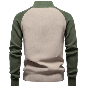 Detail view of two-tone knit sweater back featuring army green sleeves and beige body