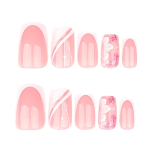 French tip press-on nails with cherry blossom pink base and white floral stripe designs