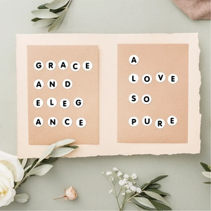 Macro shot of 0.5 inch round letter stickers on kraft card with elegant floral styling
