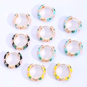 Detailed view of colorful enamel floral hoop earrings in various vibrant color options
