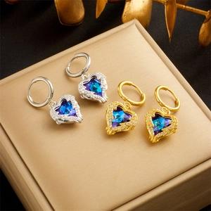 Elegant Heart Wing Pendant Earrings For Women Gradient Blue Purple Rhinestone Titanium Steel Niche Design Fashion Jewelry