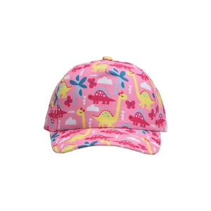 Close-up of pink children baseball cap with colorful cartoon dinosaur and palm tree patterns