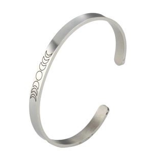 Polished silver stainless steel C-shape open bangle featuring moon phase engraving