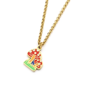 Colorful mushroom enamel pendant necklace on golden O-chain with vibrant cartoon design