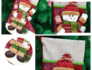 Detailed views of a festive Christmas stocking with a 3D snowman and burlap texture