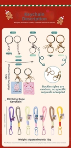 Detail showing various metal lobster clasps and braided rope keychains with dimensions