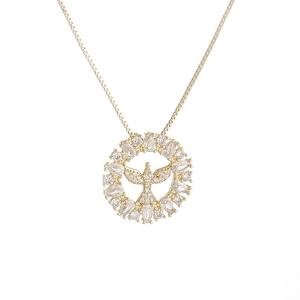 Peace Dove Pendant Necklace Copper Micro Pave Zircon Round Plaque Gold Shiny Hip Hop Style Jewelry For Men