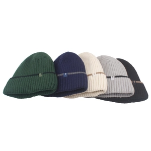 Five assorted winter knit beanies with fleece lining and number one patch detail