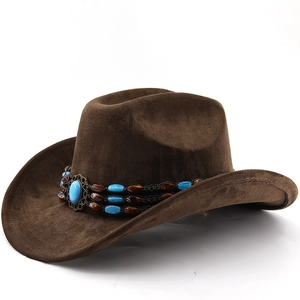 Detail of dark brown suede cowboy hat featuring turquoise beaded trim and ethnic braided band