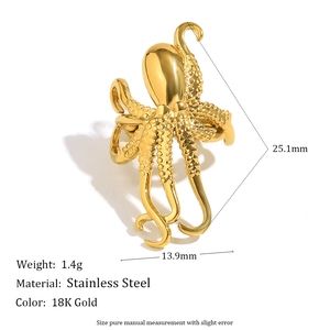 Bague pieuvre en acier inoxydable plaqué or 18 carats avec tentacules texturés