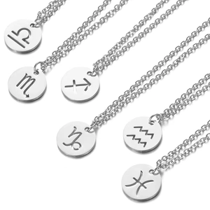 Polished silver stainless steel zodiac necklaces featuring hollow round constellation pendants