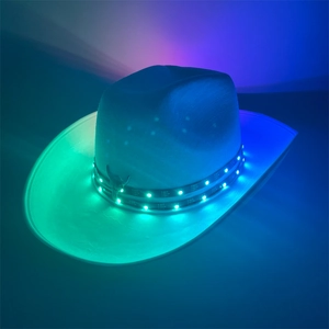 Detail of white LED cowboy hat featuring vibrant green and blue neon light bands in dark
