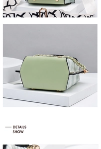 Detail of light green hexagonal bag with gold chain handle and lettered strap