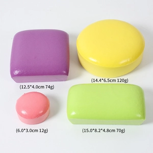 Four colorful slow-rebound PU foam bread toys with dimensions and weight labels