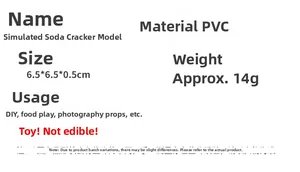 Specifiche del modello di cracker in PVC con dimensioni 6,5cm e avvertenza non edibile