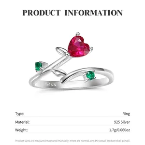 S925 sterling silver rose ring with red heart gemstone and green leaf accents