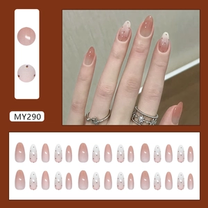 Cat eye gradient almond press-on nails with brown polka dot accents, 24-piece salon set