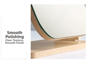 Detail showing smooth rounded edges and natural wood grain of the desktop vanity mirror