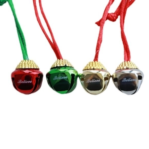 Set of four cross Christmas bells in red, green, gold, silver with Believe engraving