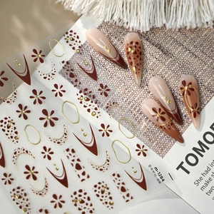 Retro Brown Gold Floral Nail Art Stickers Leopard Spot Geometric Line Manicure Decals Self Adhesive DIY Decoration