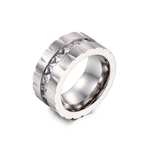 Wide Band Stainless Steel Ring For Women With Square Cubic Zirconia Brushed Frosted Finish Industrial Gear Edge Design Fashion