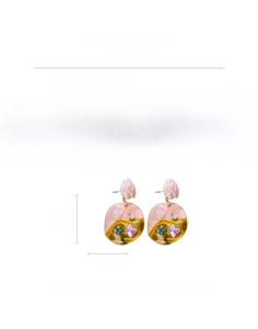 Detail showing dimensions of floral crystal earrings with silver needles and resin petals