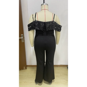 Detail of the back view of a black sequin jumpsuit featuring halter neck and ruffle trim