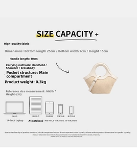 Detailed size chart for woven handbag showing 25x7x15cm dimensions and carrying styles