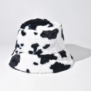 Faux Fur Bucket Hat Cow Print Warm Winter Plush Fisherman Cap Women Outdoor Fashion Animal Pattern Thick
