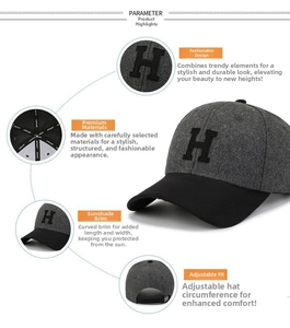 Detail of wool blend baseball cap with H applique and adjustable back strap